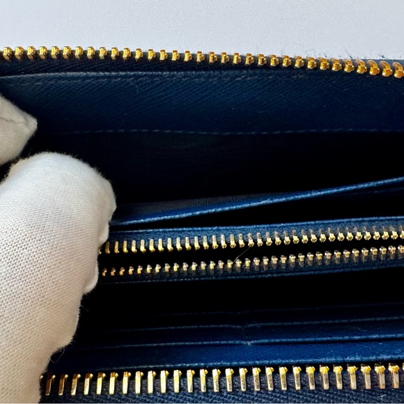 Excellent Blue Prada Zip-Around Wallet with Gold Accents - Picture 8 of 9